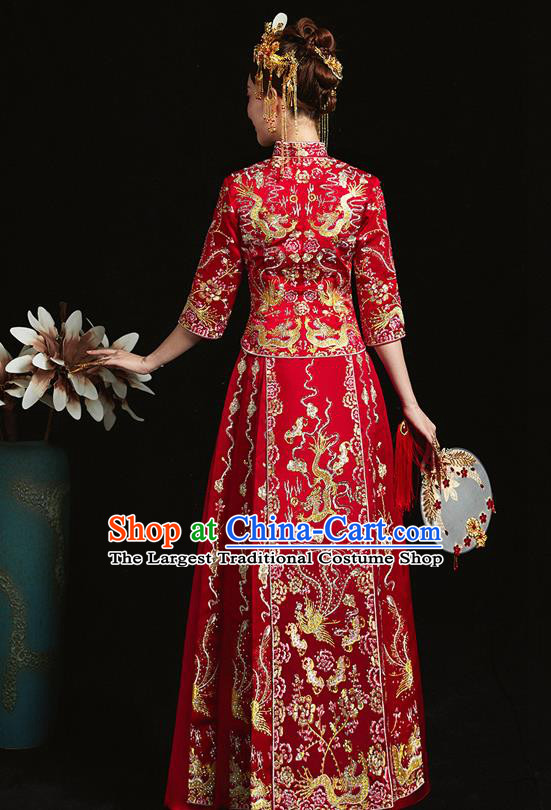 Chinese Ancient Bride Embroidered Dragon Phoenix Red Xiu He Suit Wedding Costumes Blouse and Dress Traditional Bottom Drawer for Women