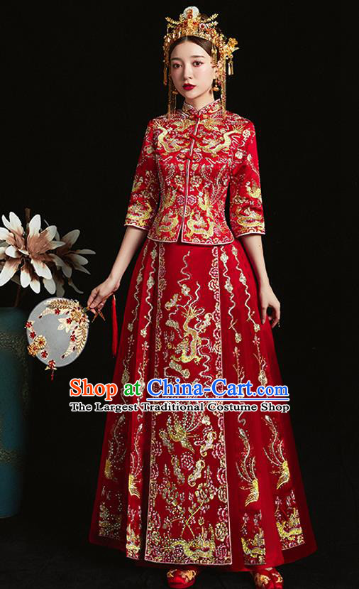 Chinese Ancient Bride Embroidered Dragon Phoenix Red Xiu He Suit Wedding Costumes Blouse and Dress Traditional Bottom Drawer for Women