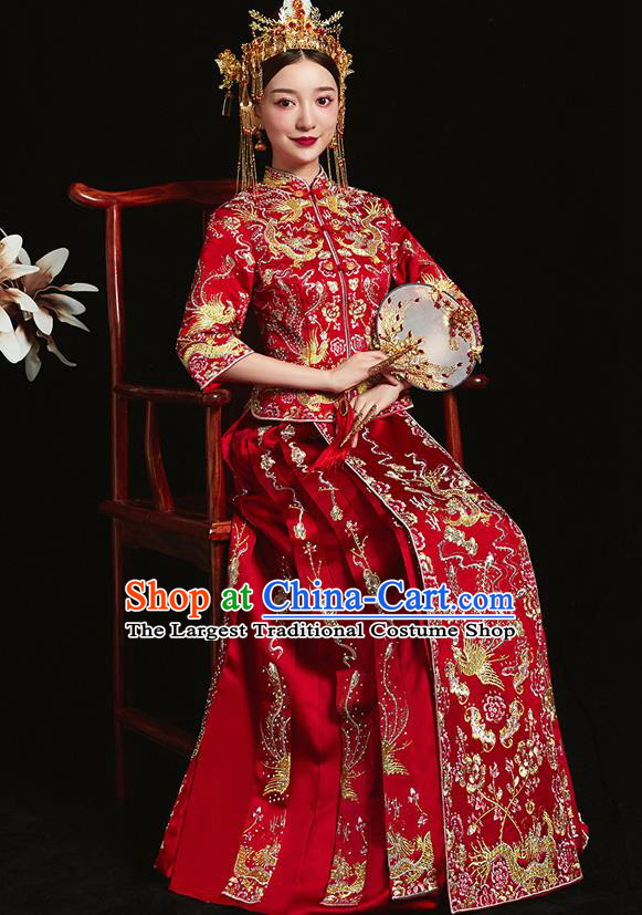 Chinese Ancient Bride Embroidered Dragon Phoenix Red Xiu He Suit Wedding Costumes Blouse and Dress Traditional Bottom Drawer for Women