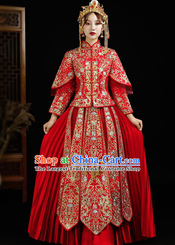 Chinese Ancient Bride Embroidered Diamante Red Xiu He Suit Wedding Costumes Blouse and Dress Traditional Bottom Drawer for Women