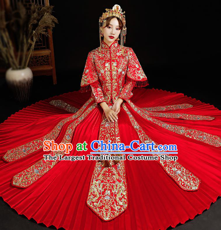 Chinese Ancient Bride Embroidered Diamante Red Xiu He Suit Wedding Costumes Blouse and Dress Traditional Bottom Drawer for Women