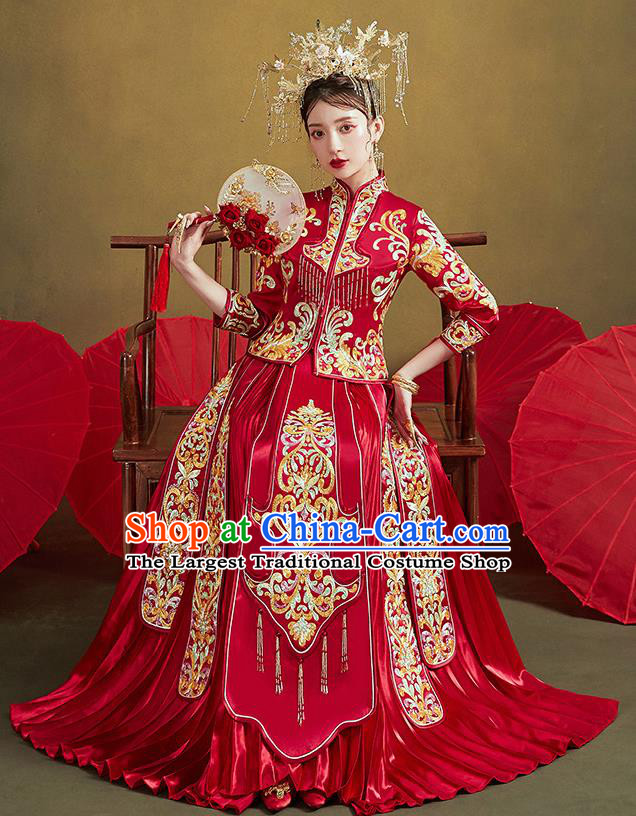 Chinese Ancient Bride Embroidered Costumes Drilling Red Xiu He Suit Wedding Blouse and Dress Traditional Bottom Drawer for Women