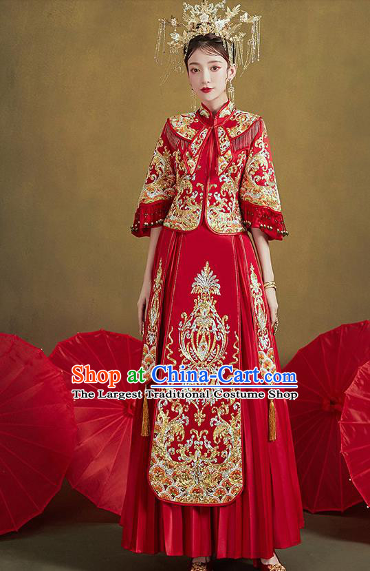 Chinese Ancient Bride Embroidered Drilling Costumes Red Xiu He Suit Wedding Blouse and Dress Traditional Bottom Drawer for Women