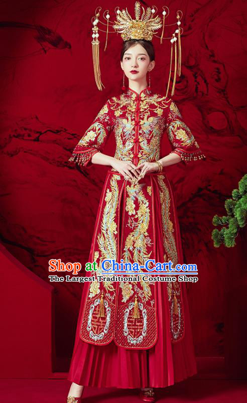 Chinese Ancient Embroidered Drilling Phoenix Blouse and Dress Traditional Bride Red Xiu He Suit Wedding Costumes for Women