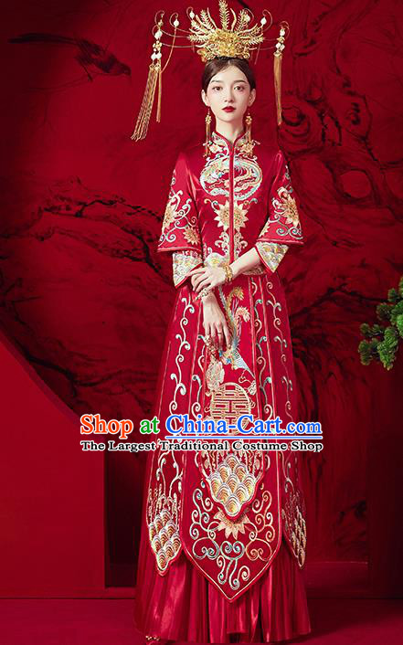 Chinese Ancient Embroidered Phoenix Lotus Blouse and Dress Traditional Bride Red Xiu He Suit Wedding Costumes for Women
