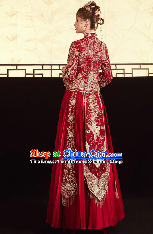 Chinese Ancient Embroidered Phoenix Drilling Blouse and Dress Traditional Bride Red Xiu He Suit Wedding Costumes for Women