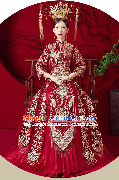 Chinese Ancient Embroidered Phoenix Blouse and Dress Traditional Bride Red Drilling Xiu He Suit Wedding Costumes for Women