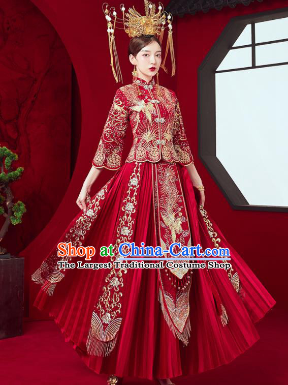 Chinese Ancient Embroidered Phoenix Blouse and Dress Traditional Bride Red Drilling Xiu He Suit Wedding Costumes for Women