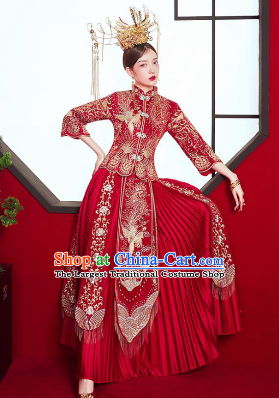 Chinese Ancient Embroidered Phoenix Blouse and Dress Traditional Bride Red Drilling Xiu He Suit Wedding Costumes for Women