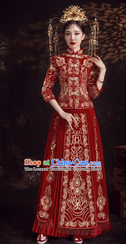 Chinese Ancient Bride Embroidered Diamante Red Xiu He Suit Wedding Costumes Blouse and Dress Traditional Bottom Drawer for Women