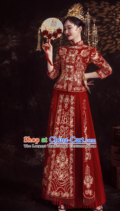 Chinese Ancient Bride Embroidered Diamante Red Xiu He Suit Wedding Costumes Blouse and Dress Traditional Bottom Drawer for Women