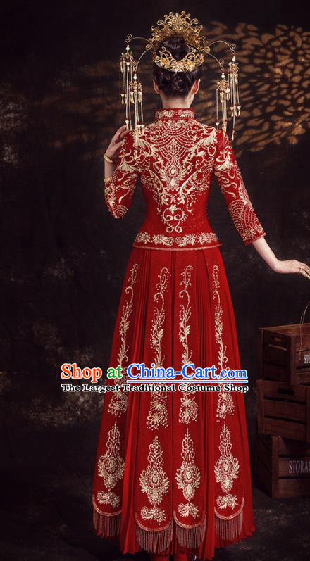 Chinese Ancient Bride Embroidered Diamante Red Xiu He Suit Wedding Costumes Blouse and Dress Traditional Bottom Drawer for Women