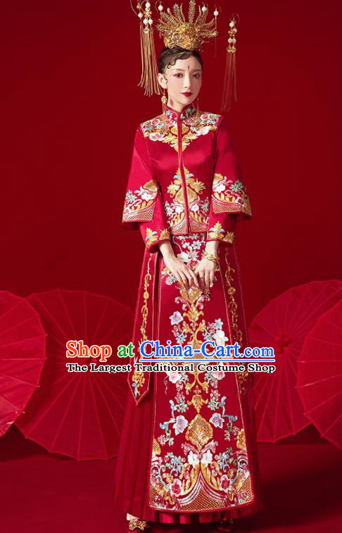 Chinese Ancient Embroidered Flowers Red Blouse and Dress Traditional Bride Xiu He Suit Wedding Costumes for Women