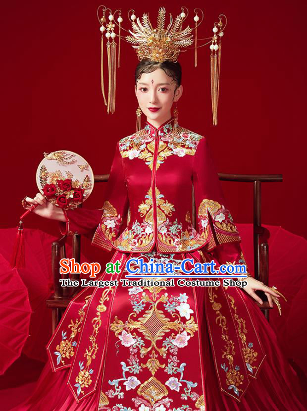 Chinese Ancient Embroidered Flowers Red Blouse and Dress Traditional Bride Xiu He Suit Wedding Costumes for Women