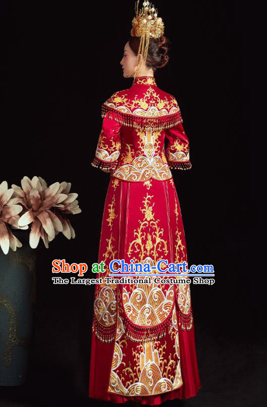 Chinese Ancient Embroidered Waves Red Blouse and Dress Traditional Bride Xiu He Suit Wedding Costumes for Women