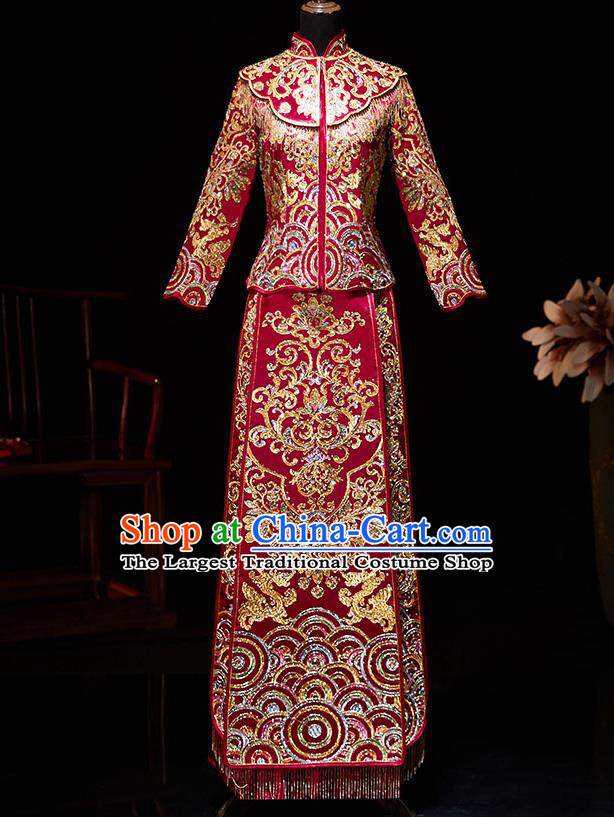 Chinese Ancient Embroidered Drilling Red Blouse and Dress Traditional Bride Xiu He Suit Wedding Costumes for Women