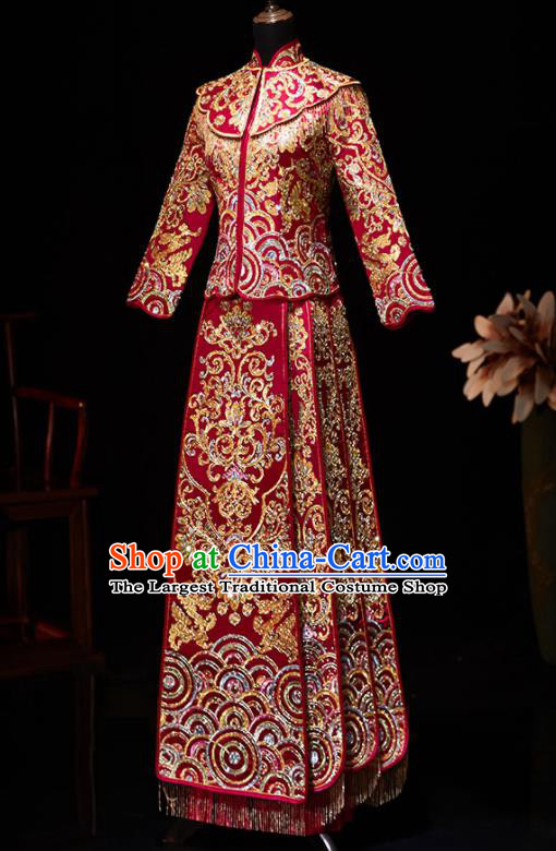 Chinese Ancient Embroidered Drilling Red Blouse and Dress Traditional Bride Xiu He Suit Wedding Costumes for Women
