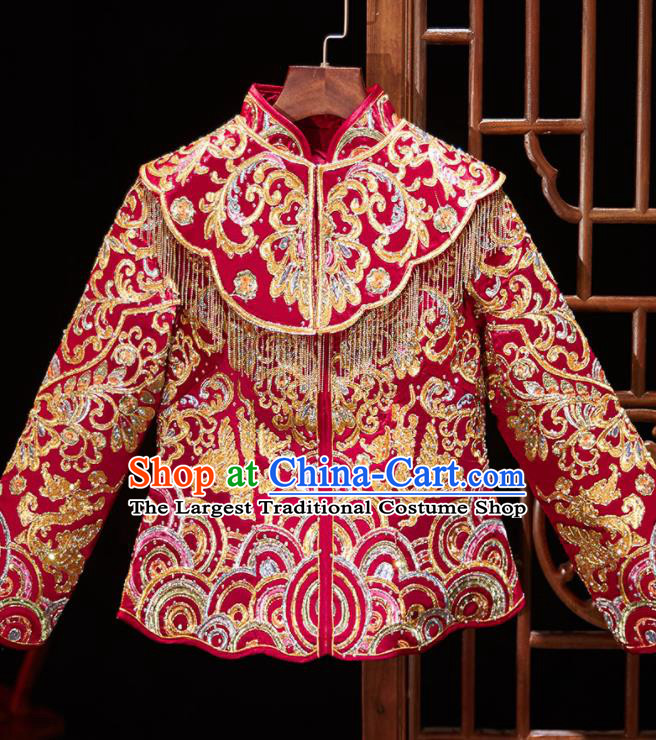 Chinese Ancient Embroidered Drilling Red Blouse and Dress Traditional Bride Xiu He Suit Wedding Costumes for Women
