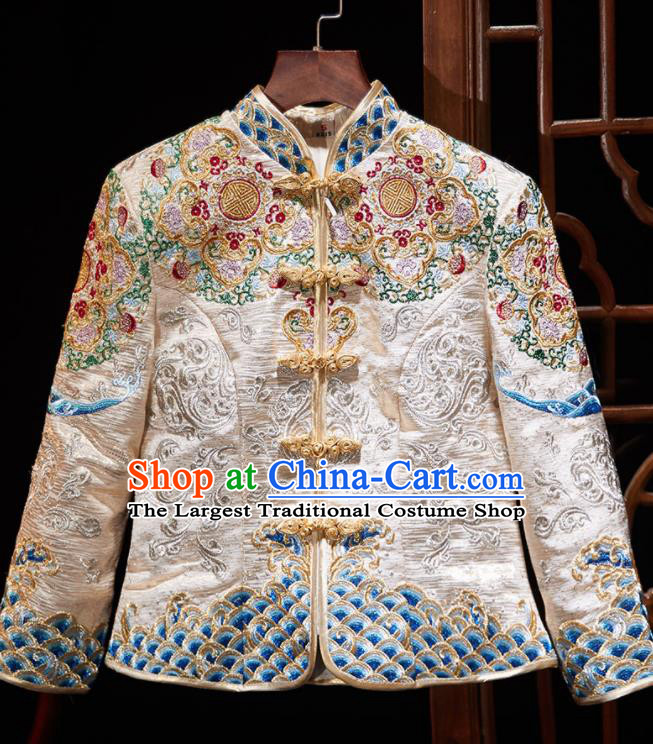 Chinese Ancient Embroidered Drilling White Blouse and Dress Traditional Bride Xiu He Suit Wedding Costumes for Women