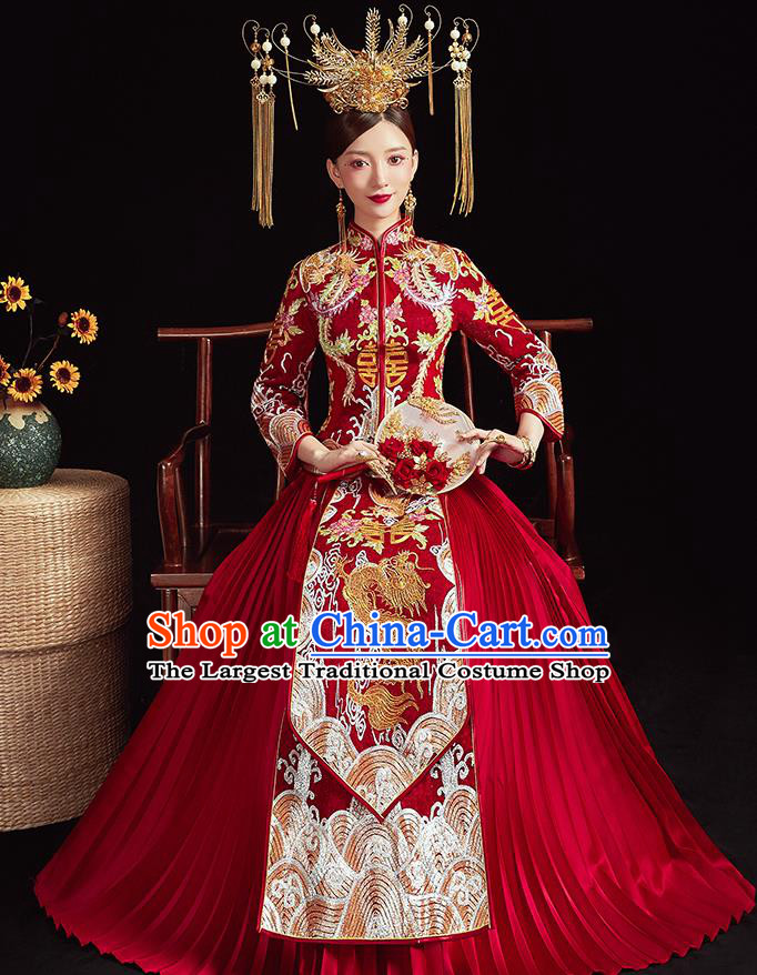 Chinese Ancient Embroidered Phoenix Dragon Drilling Blouse and Dress Traditional Bride Xiu He Suit Wedding Costumes for Women