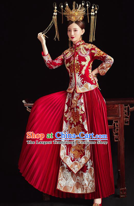Chinese Ancient Embroidered Phoenix Dragon Drilling Blouse and Dress Traditional Bride Xiu He Suit Wedding Costumes for Women