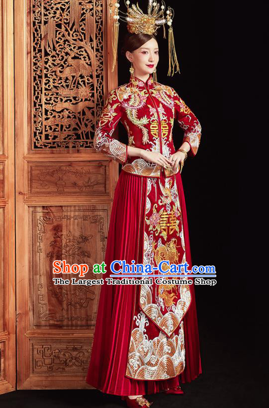 Chinese Ancient Embroidered Phoenix Dragon Drilling Blouse and Dress Traditional Bride Xiu He Suit Wedding Costumes for Women