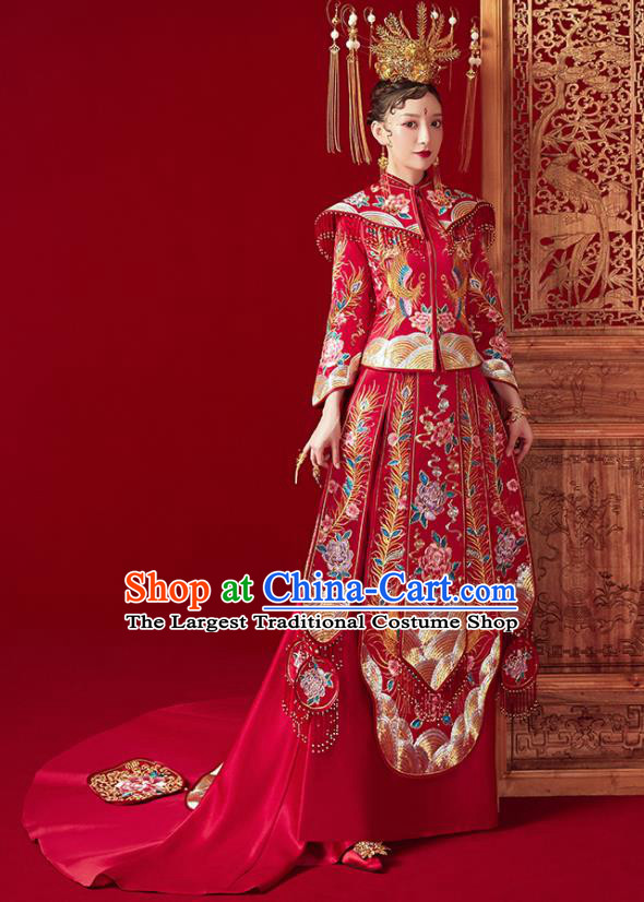 Chinese Ancient Embroidered Peony Flowers Drilling Blouse and Dress Traditional Bride Xiu He Suit Wedding Costumes for Women