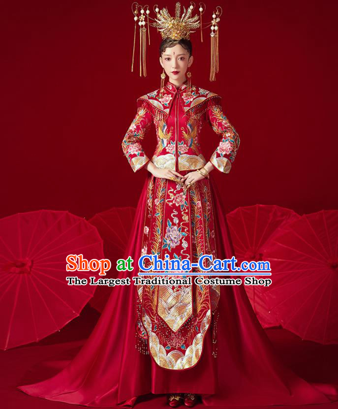 Chinese Ancient Embroidered Peony Flowers Drilling Blouse and Dress Traditional Bride Xiu He Suit Wedding Costumes for Women