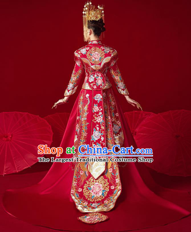 Chinese Ancient Embroidered Peony Flowers Drilling Blouse and Dress Traditional Bride Xiu He Suit Wedding Costumes for Women