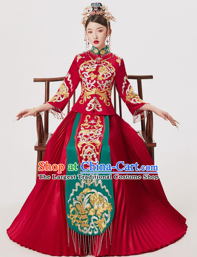 Chinese Ancient Embroidered Blouse and Dress Traditional Bride Drilling Xiu He Suit Wedding Costumes for Women