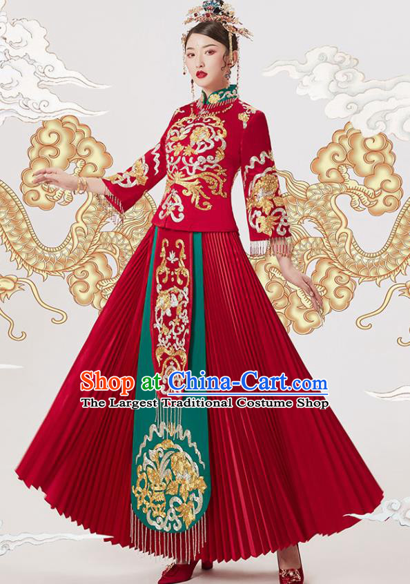 Chinese Ancient Embroidered Blouse and Dress Traditional Bride Drilling Xiu He Suit Wedding Costumes for Women