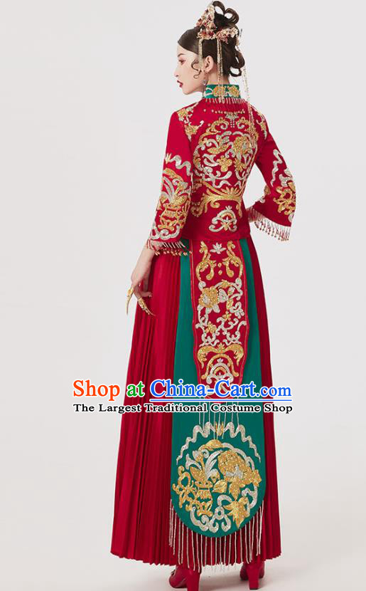 Chinese Ancient Embroidered Blouse and Dress Traditional Bride Drilling Xiu He Suit Wedding Costumes for Women