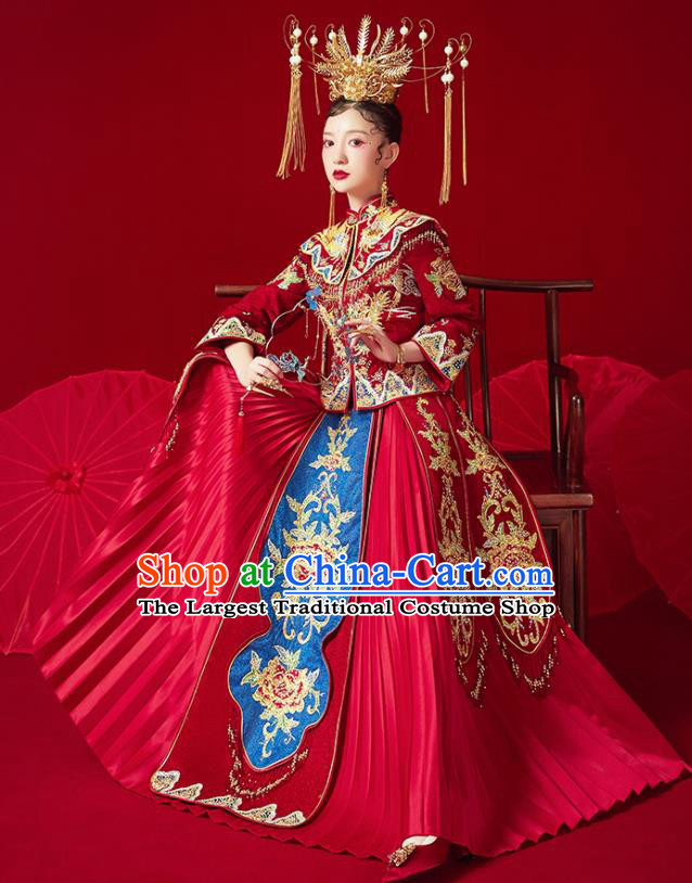 Chinese Ancient Embroidered Phoenix Drilling Peony Blouse and Dress Traditional Bride Xiu He Suit Wedding Costumes for Women