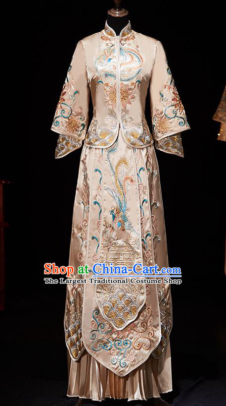 Chinese Ancient Embroidered Phoenix Peony Champagne Blouse and Dress Traditional Bride Xiu He Suit Wedding Costumes for Women