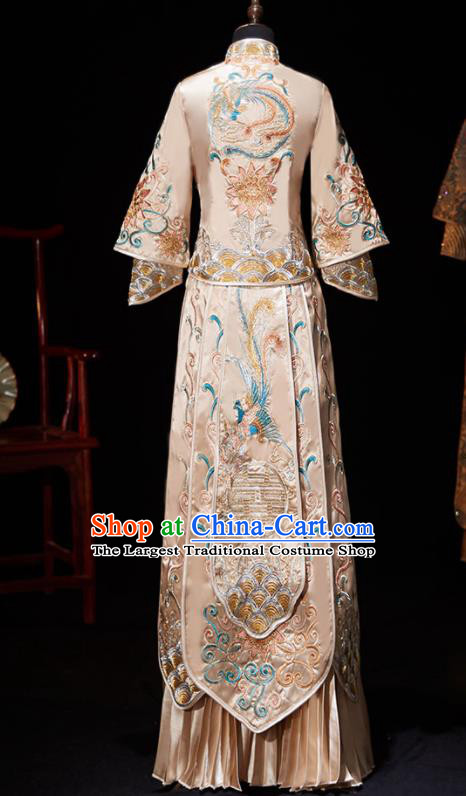 Chinese Ancient Embroidered Phoenix Peony Champagne Blouse and Dress Traditional Bride Xiu He Suit Wedding Costumes for Women