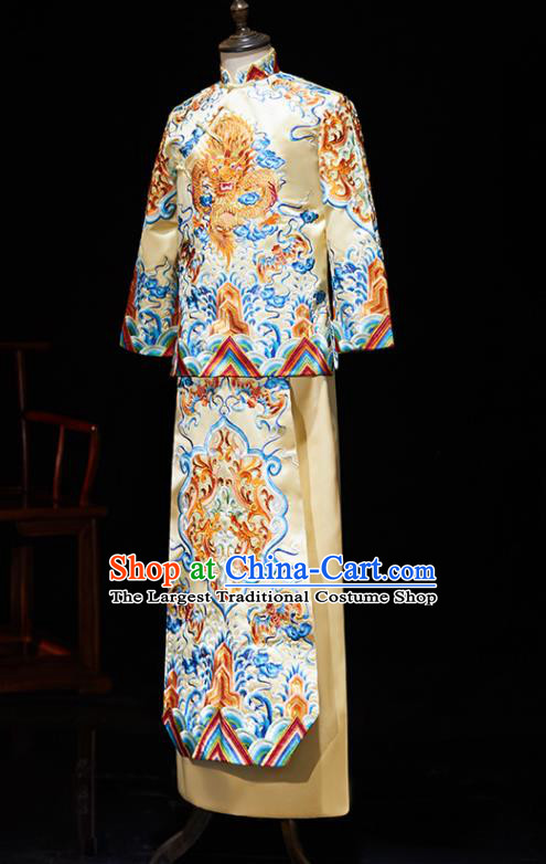 Chinese Ancient Bridegroom Embroidered Dragon Golden Mandarin Jacket and Gown Traditional Wedding Tang Suit Costumes for Men