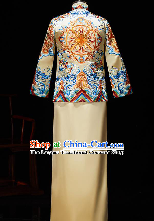 Chinese Ancient Bridegroom Embroidered Dragon Golden Mandarin Jacket and Gown Traditional Wedding Tang Suit Costumes for Men