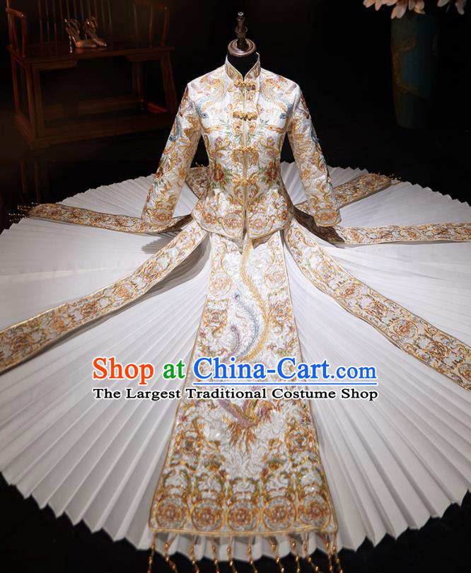 Chinese Ancient Wedding Embroidered Phoenix Champagne Blouse and Dress Traditional Bride Xiu He Suit Costumes for Women