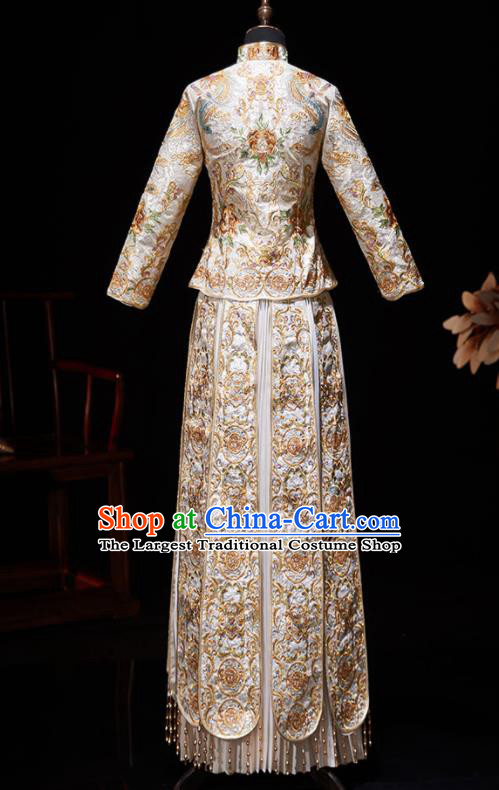 Chinese Ancient Wedding Embroidered Phoenix Champagne Blouse and Dress Traditional Bride Xiu He Suit Costumes for Women