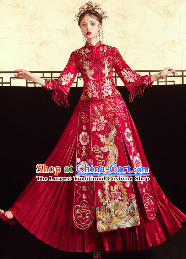 Chinese Ancient Embroidered Phoenix Peony Blouse and Dress Traditional Bride Red Xiu He Suit Wedding Costumes for Women