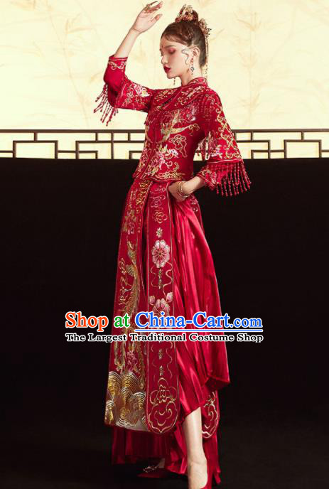 Chinese Ancient Embroidered Phoenix Peony Blouse and Dress Traditional Bride Red Xiu He Suit Wedding Costumes for Women