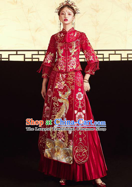 Chinese Ancient Embroidered Phoenix Peony Blouse and Dress Traditional Bride Red Xiu He Suit Wedding Costumes for Women