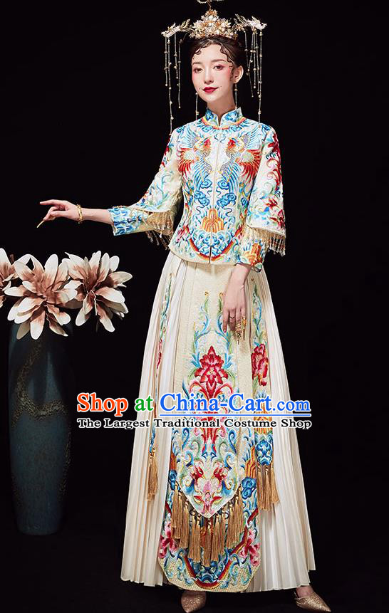 Chinese Ancient Wedding Embroidered Red Flowers Blouse and Dress Traditional Bride Xiu He Suit Costumes for Women