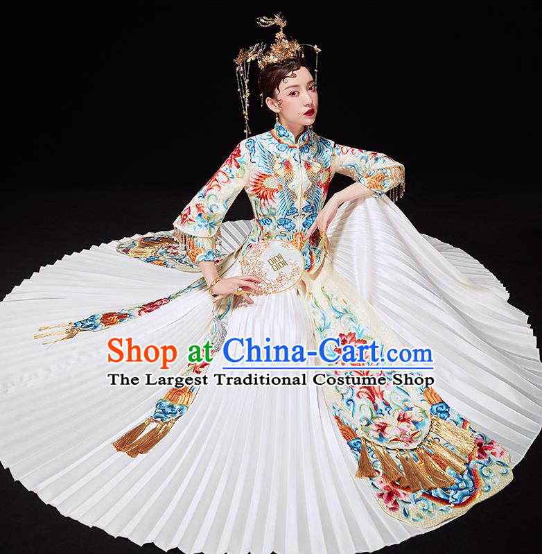 Chinese Ancient Wedding Embroidered Red Flowers Blouse and Dress Traditional Bride Xiu He Suit Costumes for Women