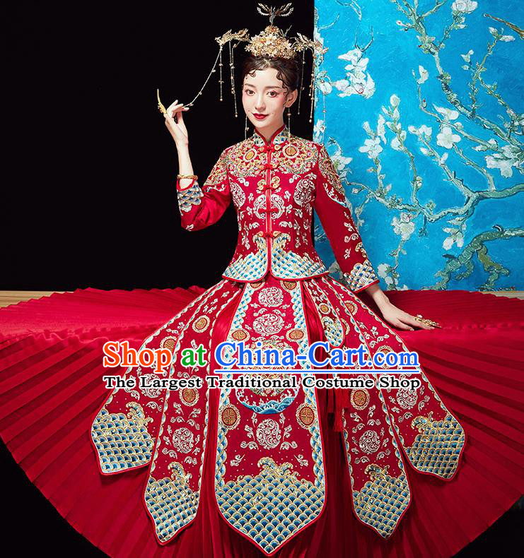 Chinese Ancient Wedding Embroidered Red Blouse and Dress Traditional Bride Xiu He Suit Costumes for Women