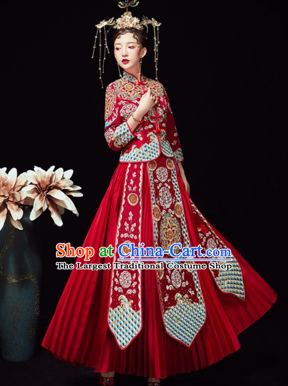 Chinese Ancient Wedding Embroidered Red Blouse and Dress Traditional Bride Xiu He Suit Costumes for Women