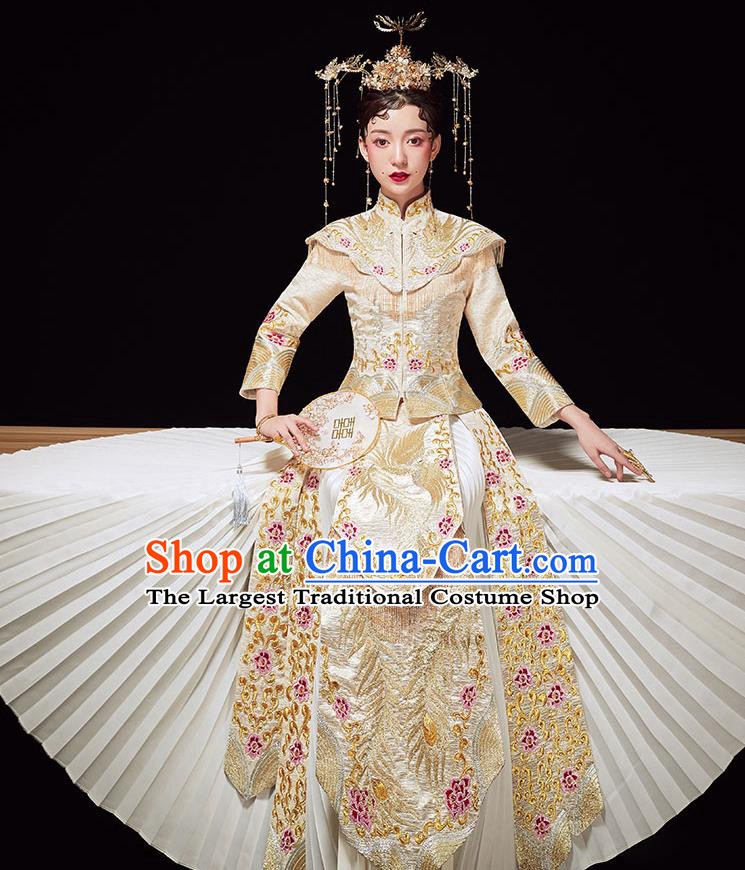 Chinese Ancient Wedding Embroidered Phoenix Peony Golden Blouse and Dress Traditional Bride Xiu He Suit Costumes for Women