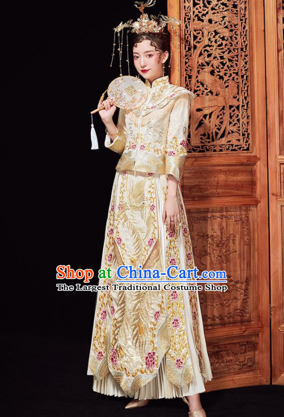 Chinese Ancient Wedding Embroidered Phoenix Peony Golden Blouse and Dress Traditional Bride Xiu He Suit Costumes for Women