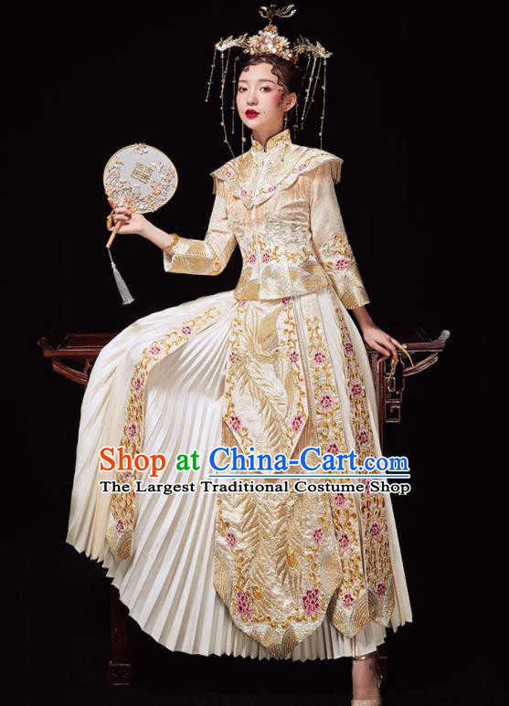 Chinese Ancient Wedding Embroidered Phoenix Peony Golden Blouse and Dress Traditional Bride Xiu He Suit Costumes for Women