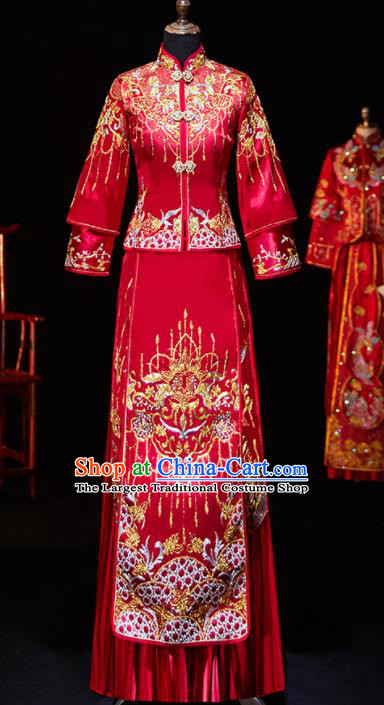 Chinese Ancient Bride Embroidered Blouse and Dress Xiu He Suit Wedding Costumes Traditional Red Bottom Drawer for Women